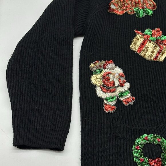 Jennifer Moore Size Medium Vintage Christmas Sequin Bead Black Cardigan Sweater - Picture 3 of 8